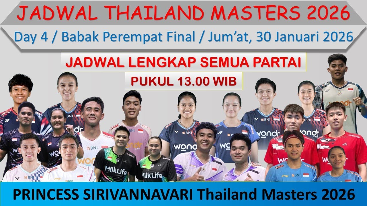 Jadwal Perempat Final Thailand Masters 2026 Hari Ini │ 12 Wakil Indonesia di Babak Perempat Final │