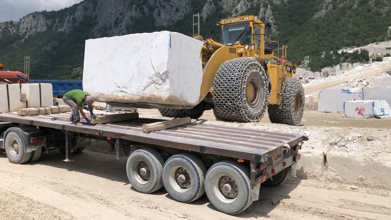 Caterpillar 988B Wheel Loader Loading Marble Blocks On Trucks - Marble Quarries