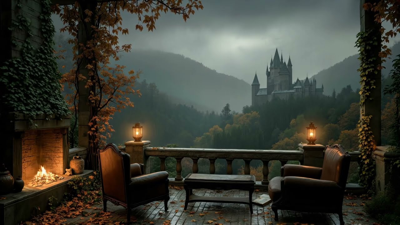 Foggy Autumn Balcony by the Castle | Rain, Fireplace & Some Dark Academia Piano for Relaxing