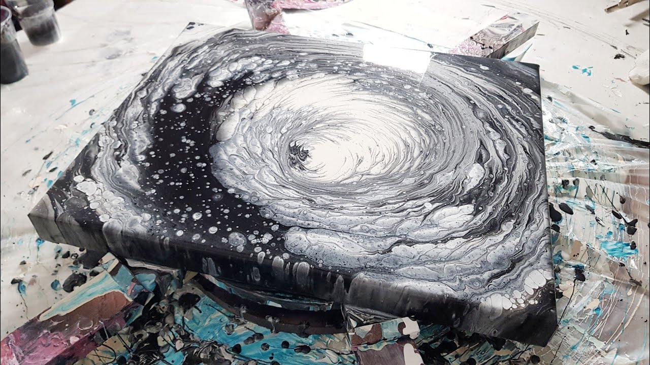 CLASSY BLACK and WHITE - Cloud STRAIGHT POUR - Spinning Paint - Abstract Pour Painting