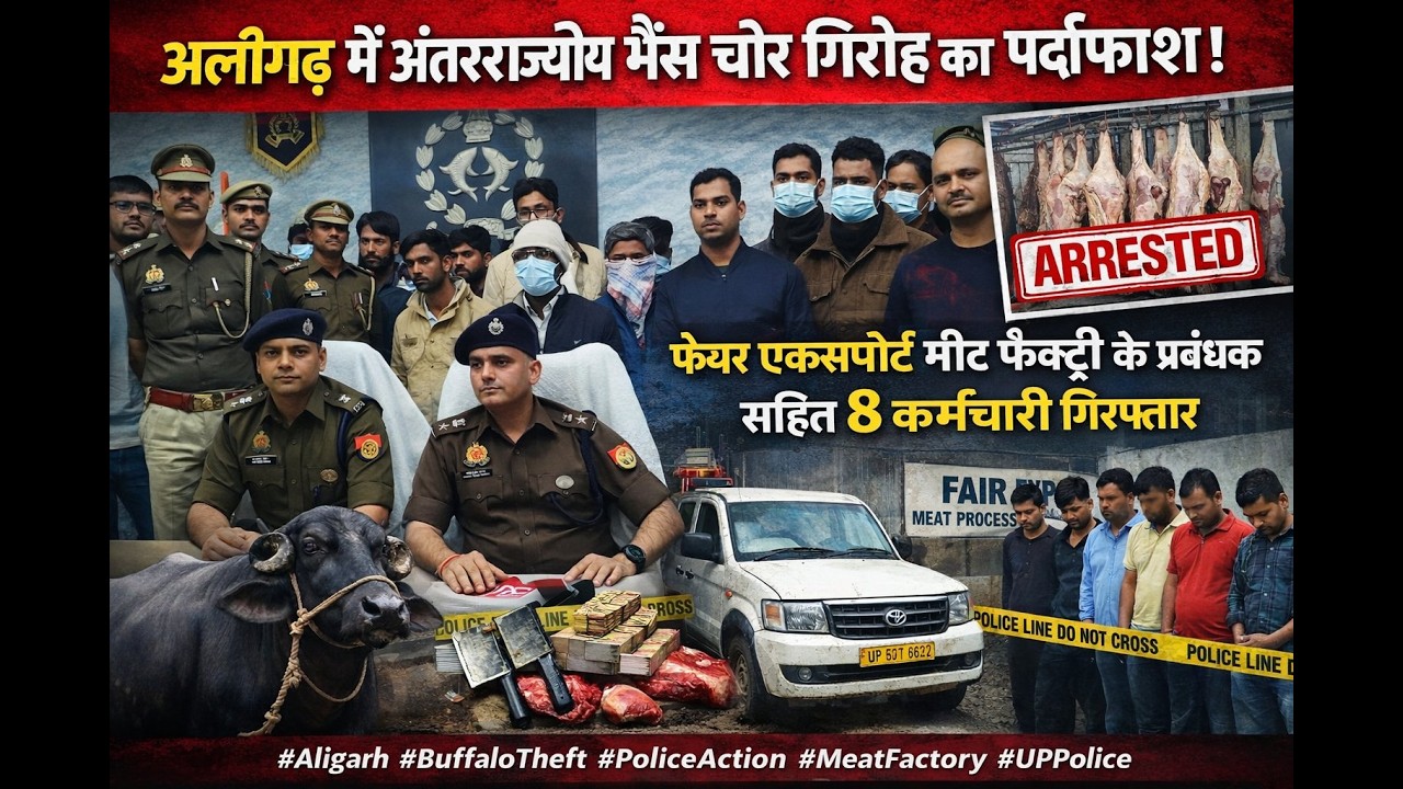अलीगढ़ : भैंस चोर गिरोह का पर्दाफाश: फेयर एक्सपोर्ट मीट फैक्ट्री के प्रबंधक सहित 8 कर्मचारी गिरफ्तार