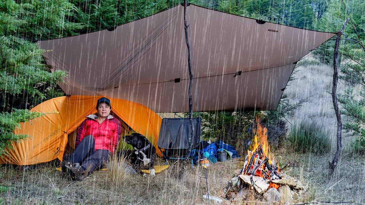 HEAVY Rain Camping: Relaxing Campfire with My Dog
