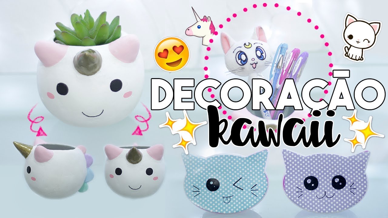 DIY Decoração de Quarto Kawaii - Relógio + Pote de unicórnio e gato #DIYKAWAII