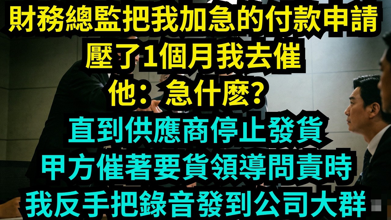 財務總監把我加急的付款申請壓了1個月，我去催，他：急什麽？直到供應商停止發貨甲方催著要貨，領導問責時，我反手把錄音發到公司大群【奇聞秘事】#奇聞#秘事#故事#职场 #职场故事 #故事分享