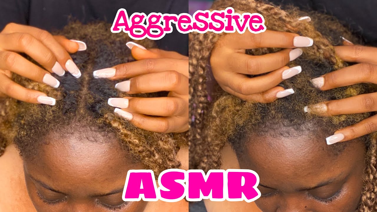 ASMR fast and aggressive scalp scratching on old and kinky braids with long acrylic nails.
