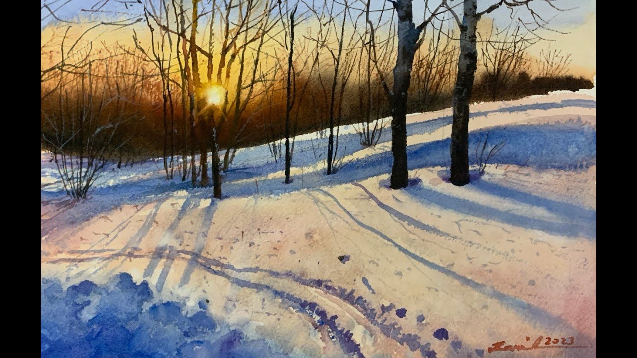 Watercolor painting tutorial - Snowy Scene