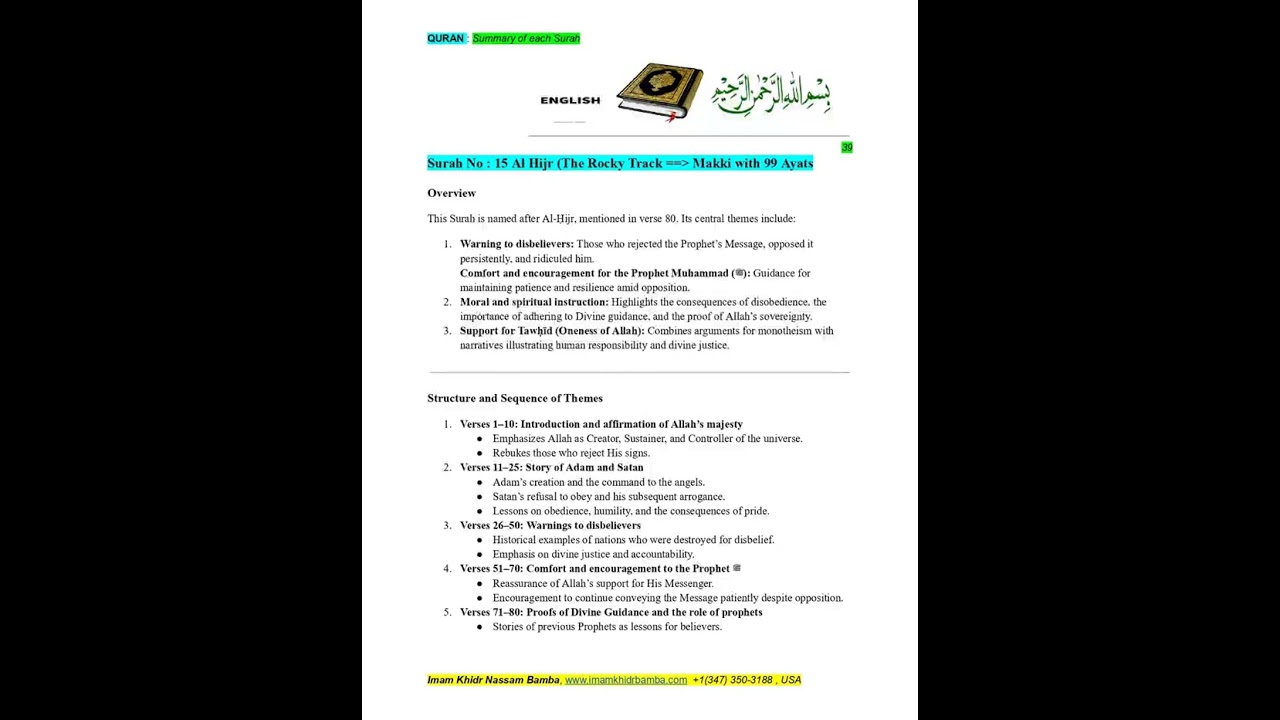 ENGLISH_QURAN_Summary of Each Surah_Surah #15  HIJR Imam Khidr Bamba www.imamkhidrbamba.com
