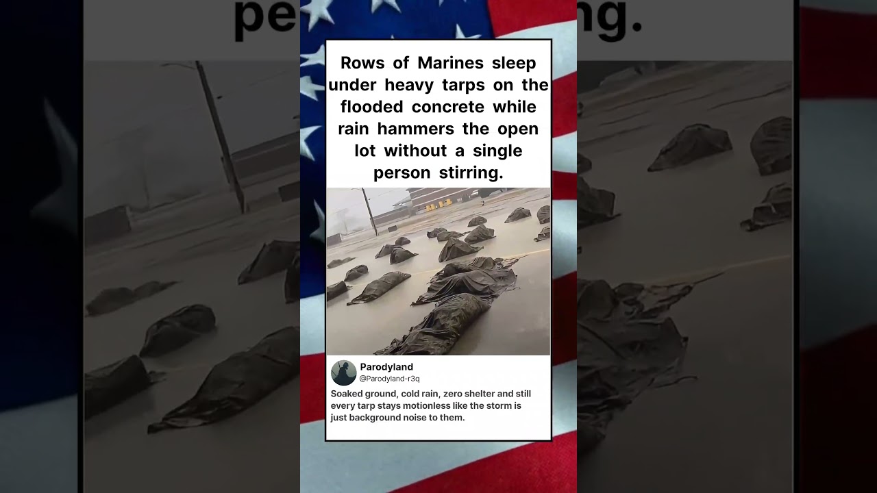 Rows of Marines sleep under heavy tarps on the flooded concrete while rain hammers #shorts