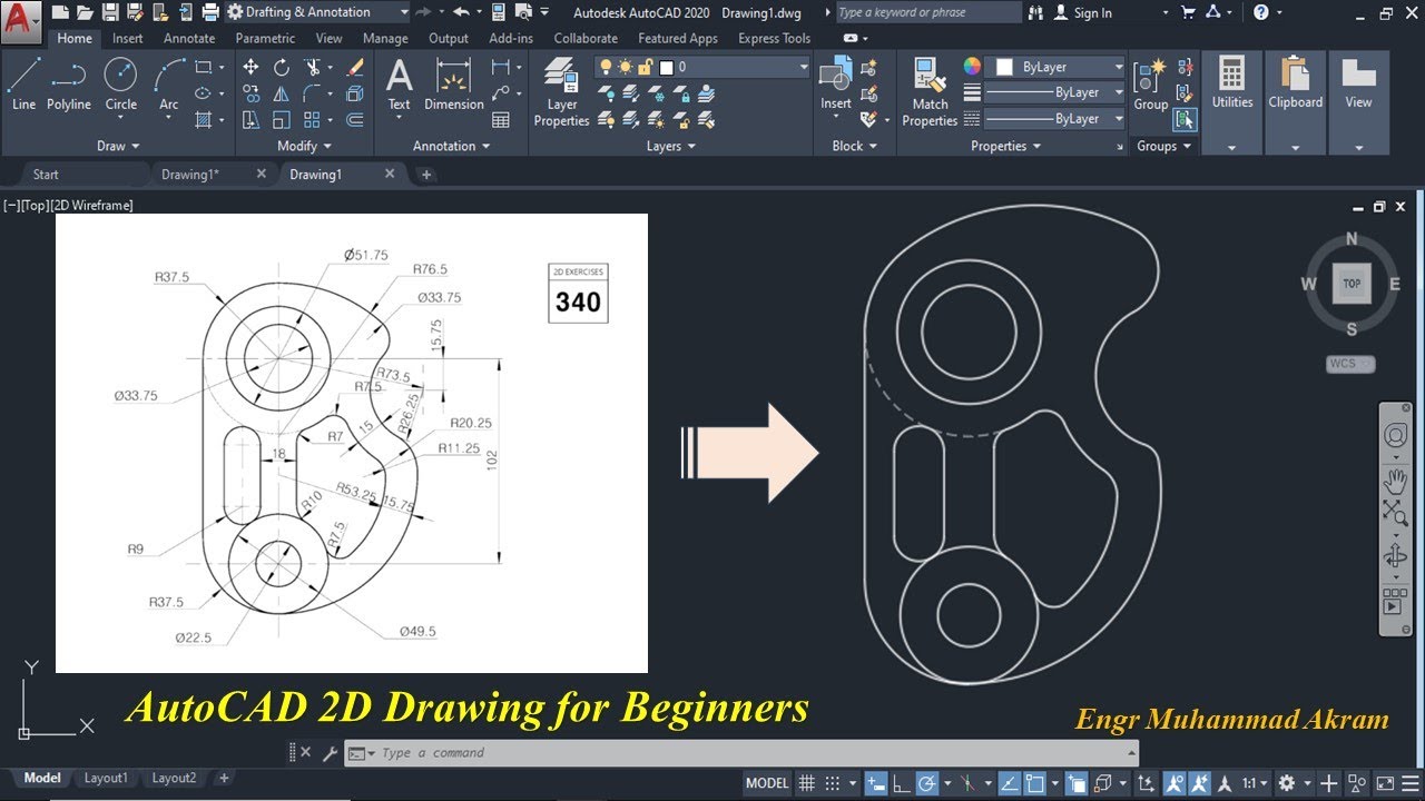 Autocad exercise 340 practice drawing tutorial | autocad 2d drawing for beginners