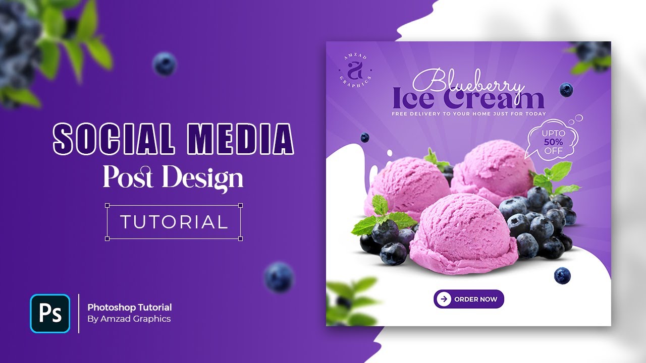 Blueberry Ice Cream Social Media Post Design in Photoshop | Photoshop Tutorial