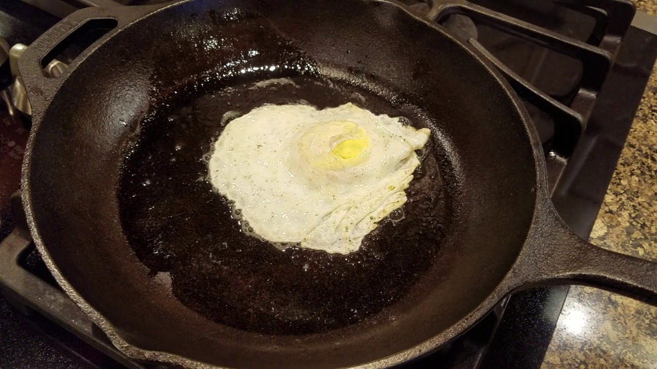 Cooking non-stick eggs in a cast iron skillet.