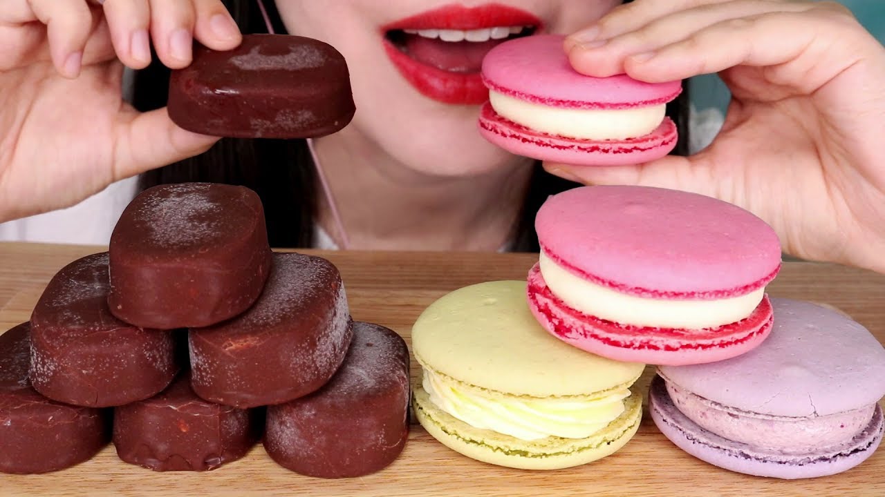 ASMR Chocolate Covered Ice Cream & Macarons チョコレートアイスクリーム&マカロン티코 초콜릿아이스크림 마카롱 먹방 MUKBANG 咀嚼音