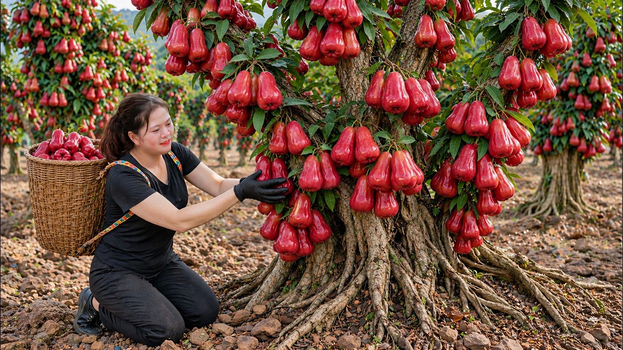 Harvesting Rare Red Wax Apples to Sell at Village Market | Sweet Glossy Fruits Sold Out Fast