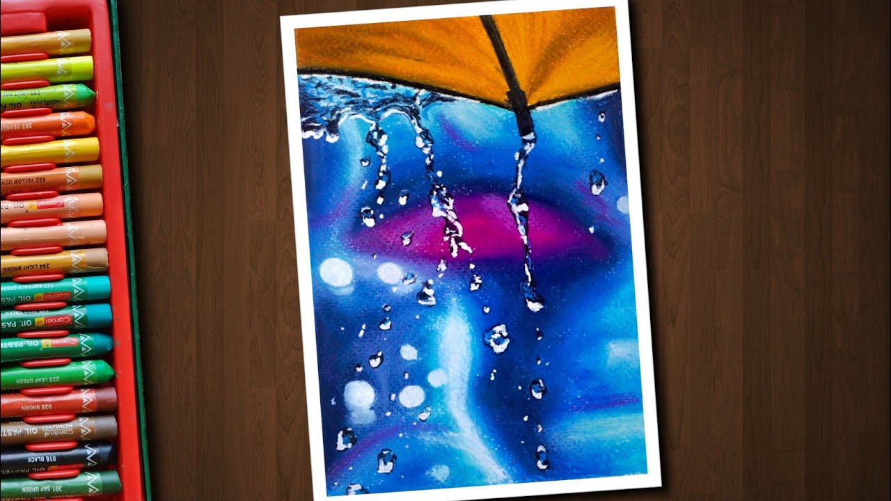 A Rainy Day, Under Umbrella / Drawin with Oil Pastels / Step by Step