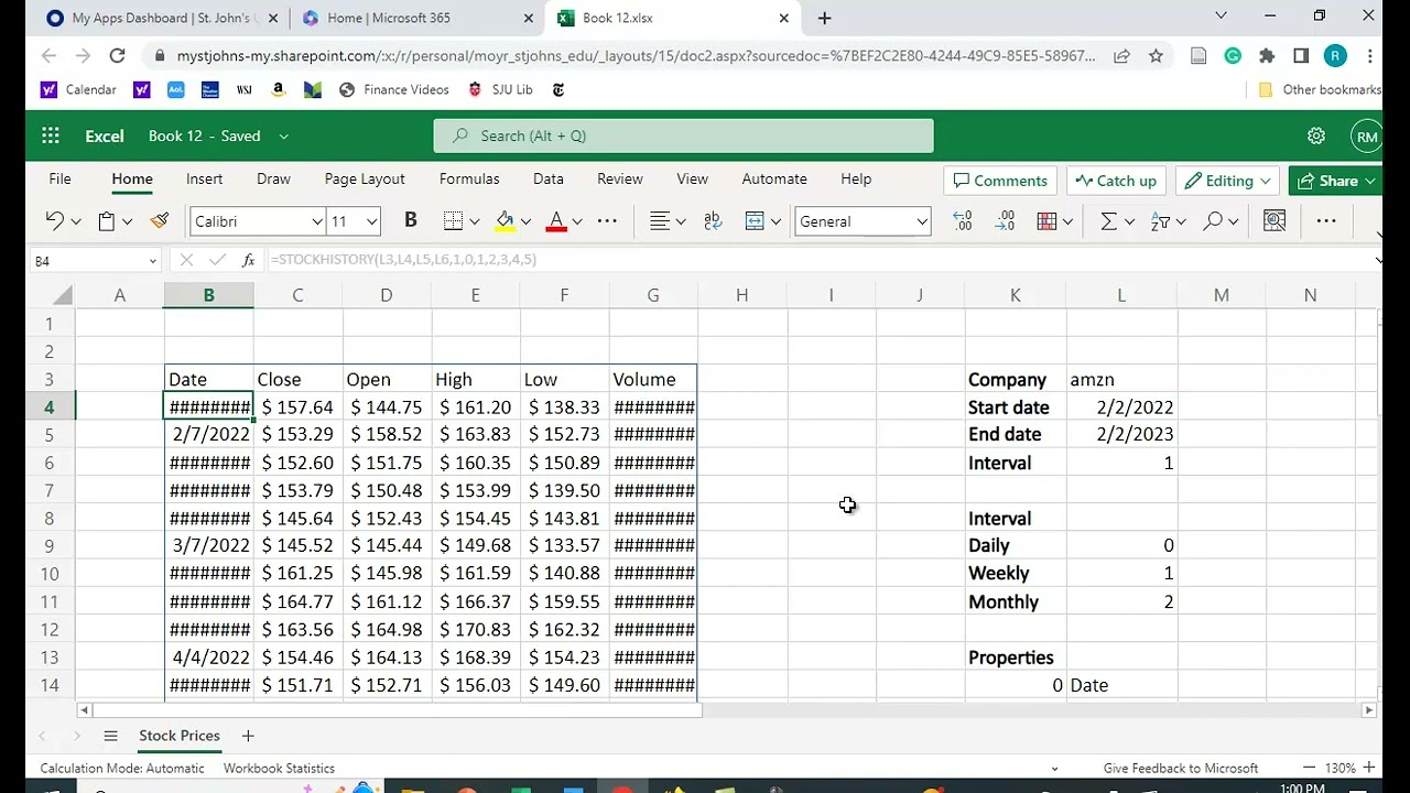 Получение исторических цен акций в Excel 365