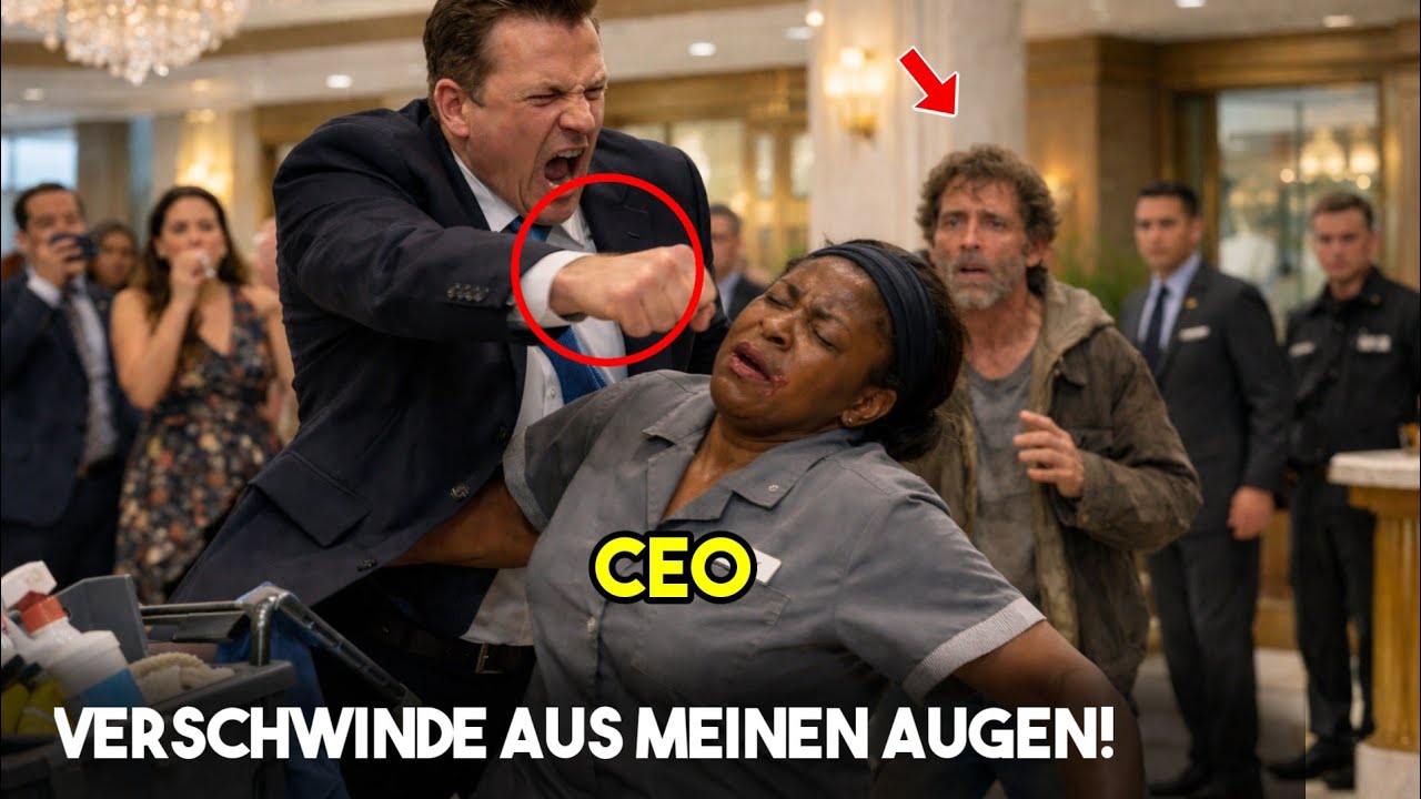 Ein unhöflicher Manager schlägt eine schwarze Reinigungskraft vor allen