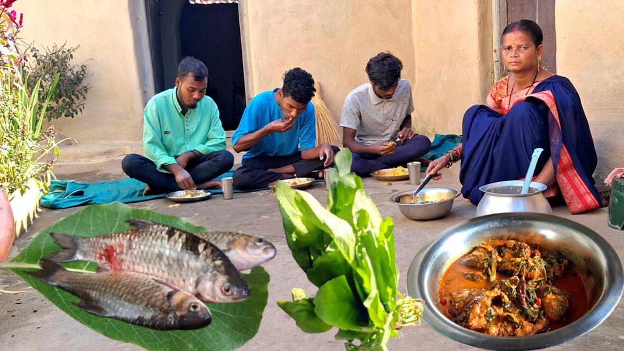 Tribal Family Cooking: Authentic FISH curry with Fresh SPINACH from the Farm l Village life 