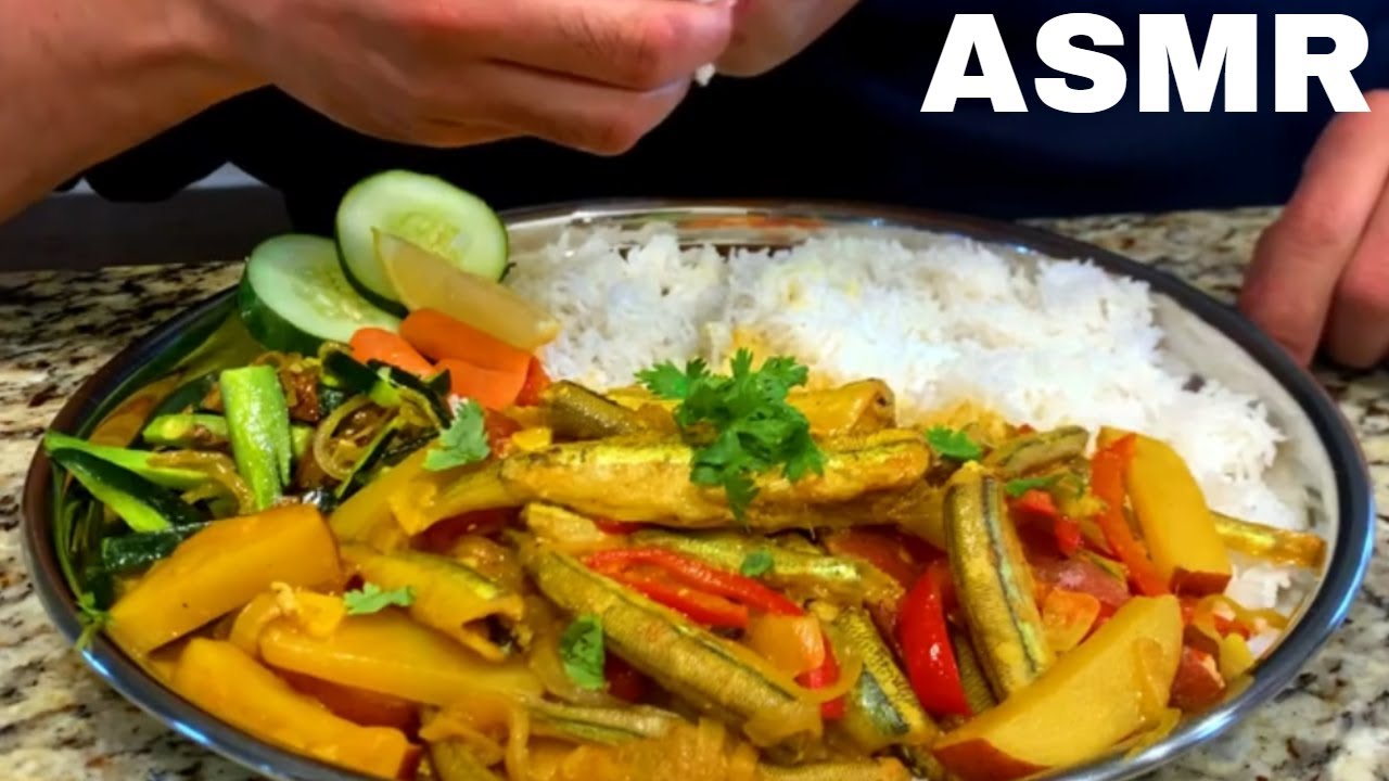 EATING SMELT FISH - POTATOES - VEGETABLES - RICE - SPICY - ASMR