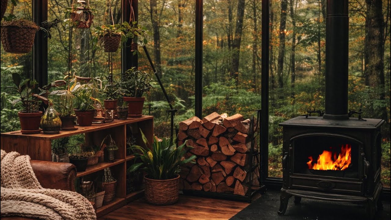 Cozy Evenings | Rainy Greenhouse Ambience, Crackling Fire, Soft Music