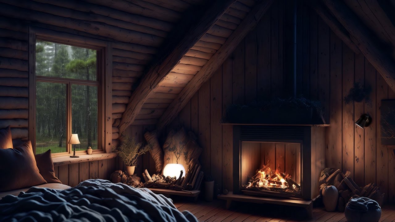 Cozy Rustic Cabin Ambience | Rain & Fireplace Sounds for Relaxation