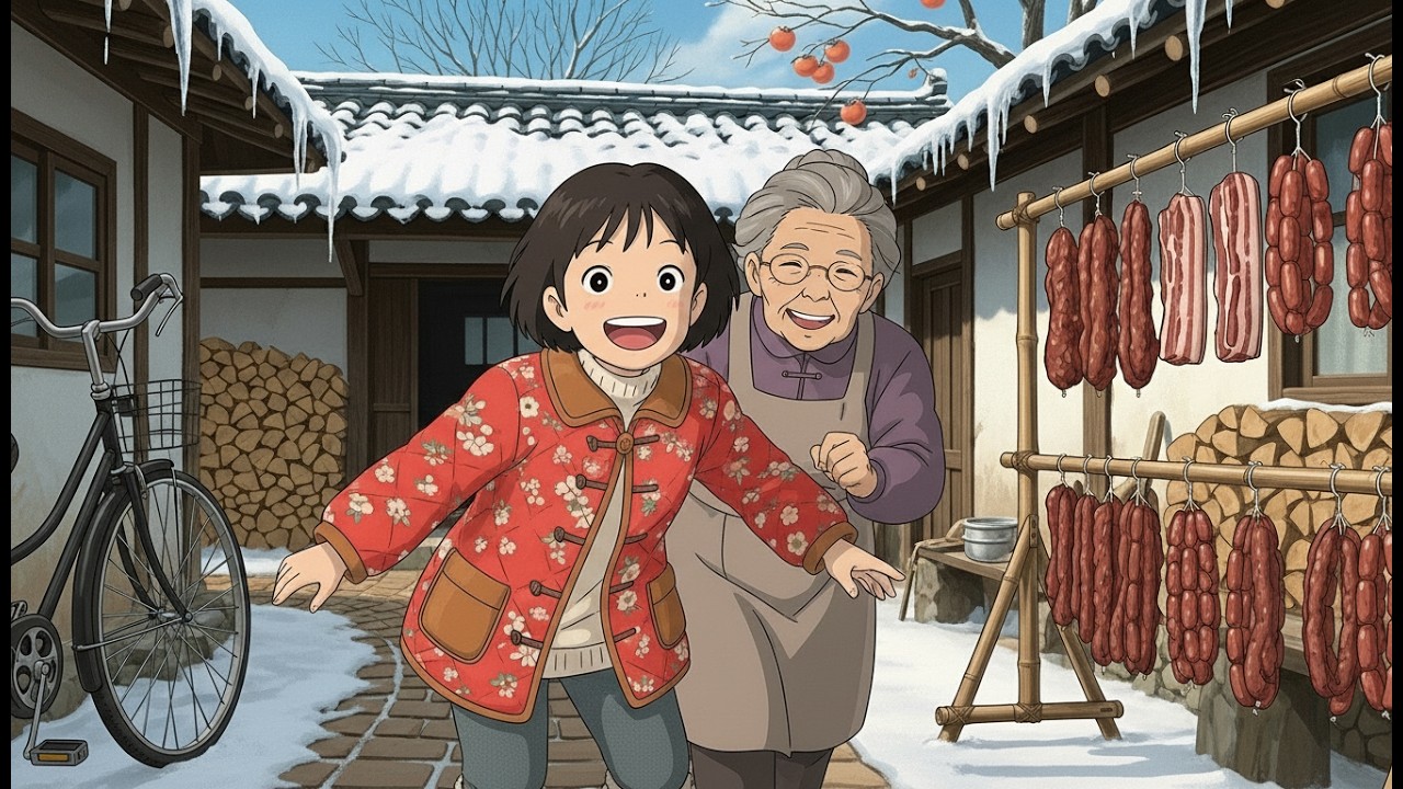 cozy winter days with grandma: smoked bacon & chinese sausage (cooking asmr) - ghibli style vlog