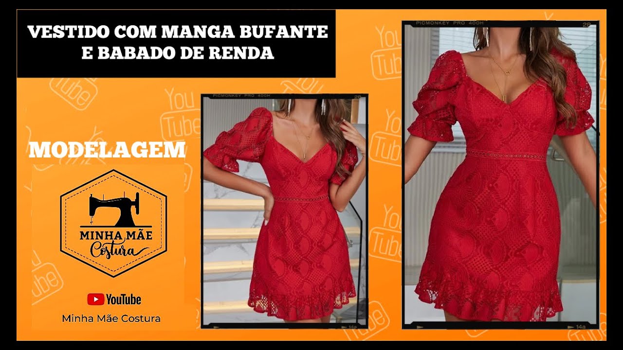 VESTIDO COM MANGA BUFANTE E BABADO DE RENDA - PASSO A PASSO DA MODELAGEM