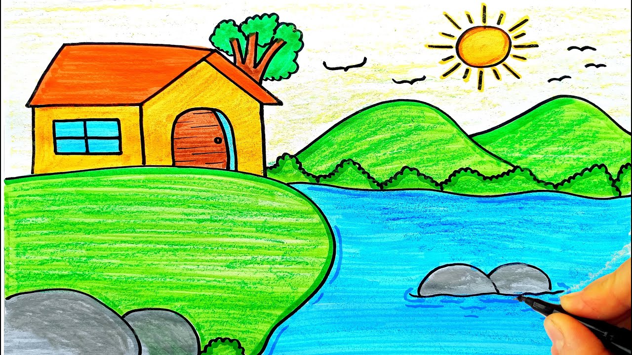 Kolay Manzara Resmi Çizimi 🌳 Doğa Resmi Çizimi - How To Draw Very Easy Landscape - Manzara Resmi