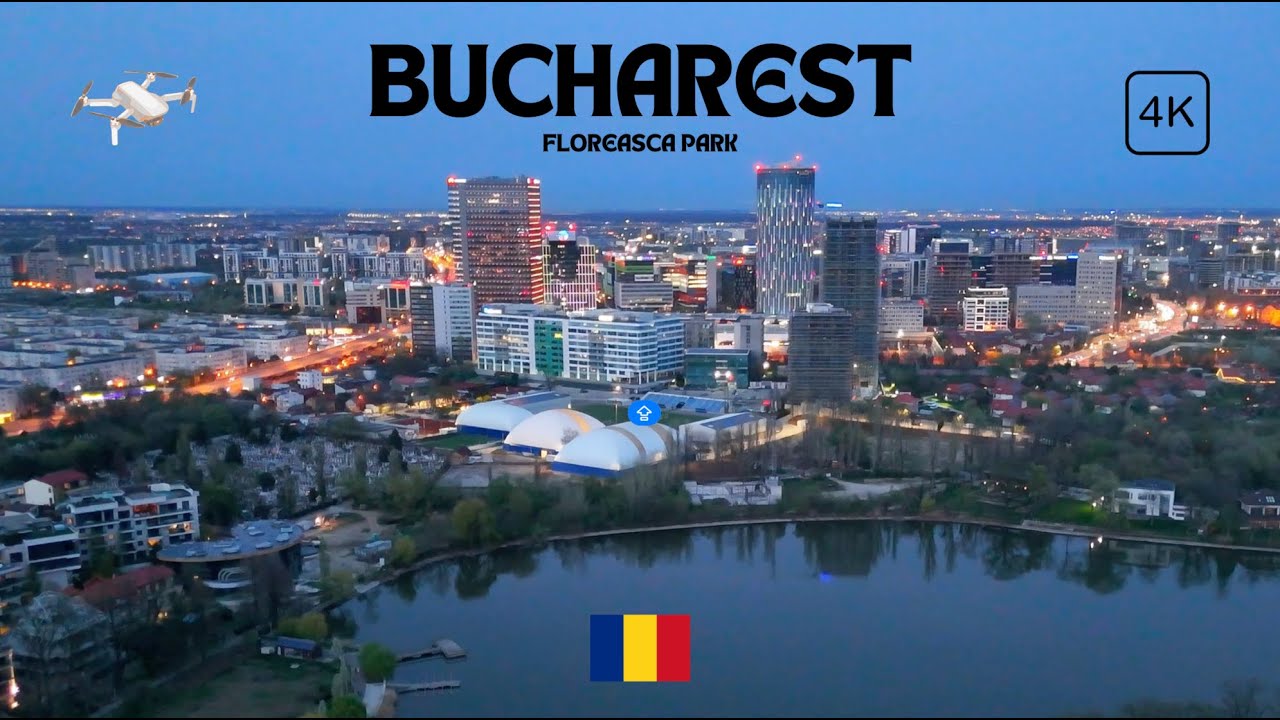 4K Bucharest Romania | Drone Flying Over Lake | Evening Charms | Park