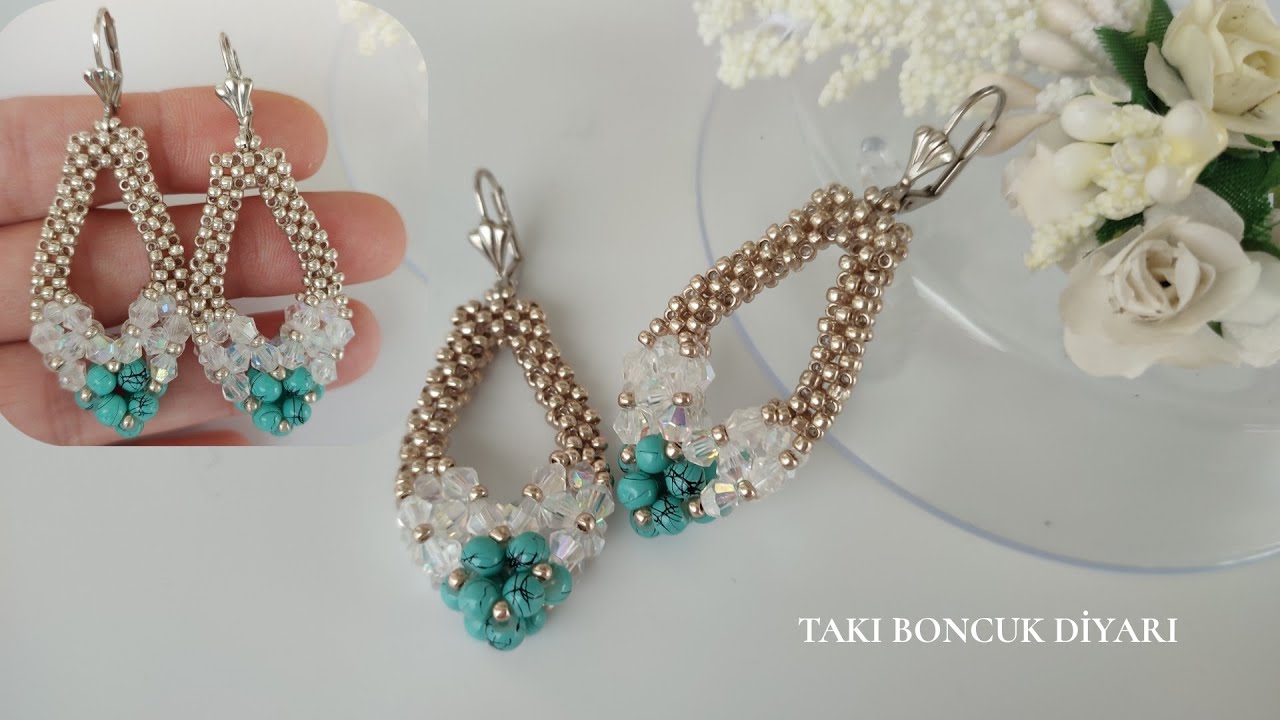 Oval Firuze küpe yapımı//DİY Super quick and easy beaded earrings. oval bead earrings