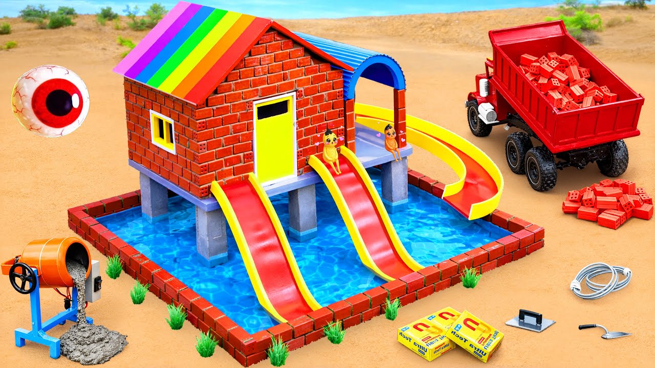 DIY Mini Tractor Builds a Colorful Brick Water House with Pool Slides🏠🌈 | Fun Construction