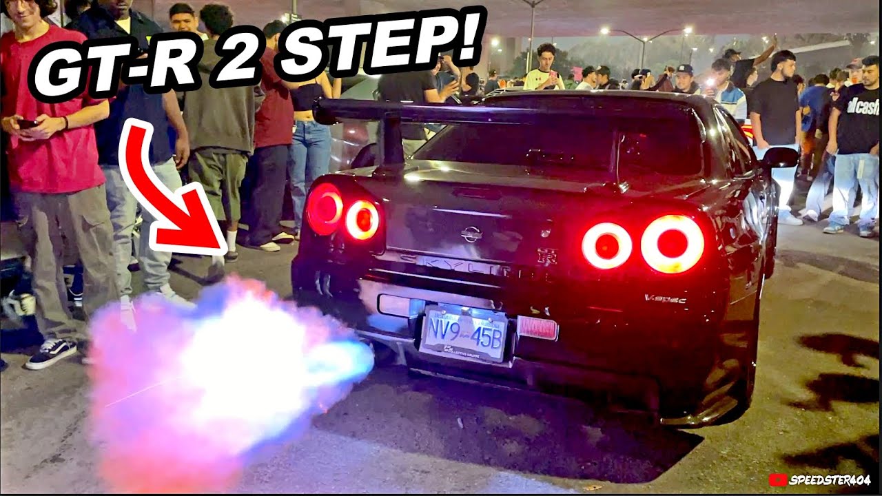 R34 Skyline GTR 2 Step Battle Shooting Huge Flames Shutting Down Car Meet!