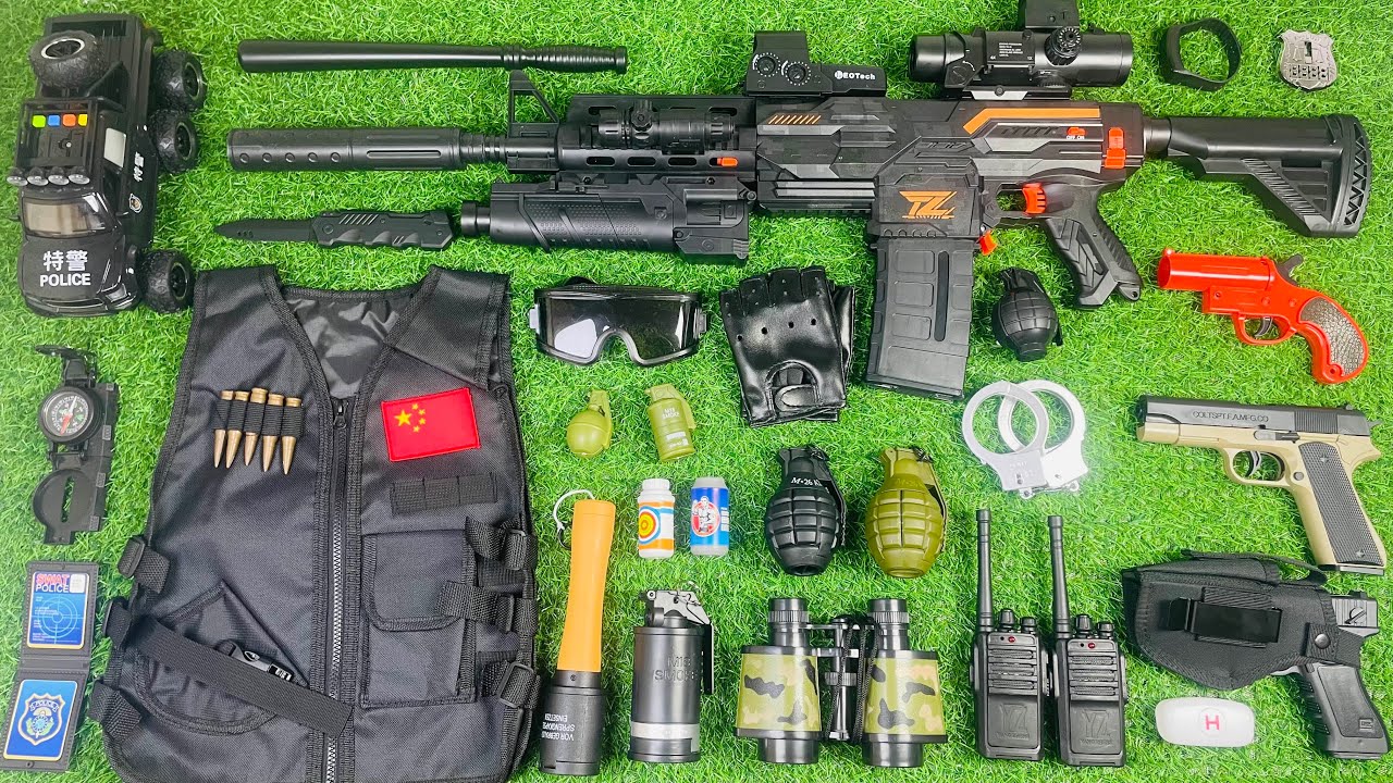 Unboxing special police toy set, HK416 automatic rifle, M1911 pistol, tactical helmet