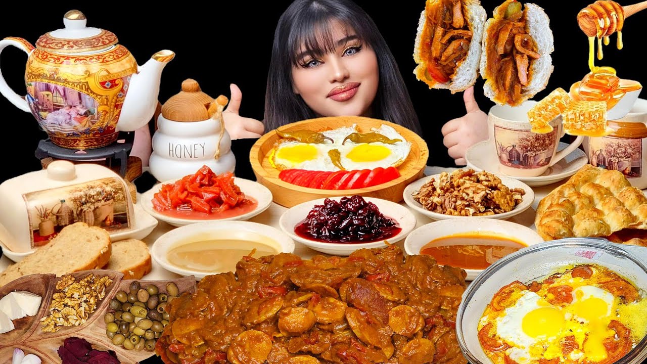 ASMR Persian Breakfast | Omelette, Spicy Sosis Bandari, Honey, Jam,Tea | Iranian Mukbang Compilation