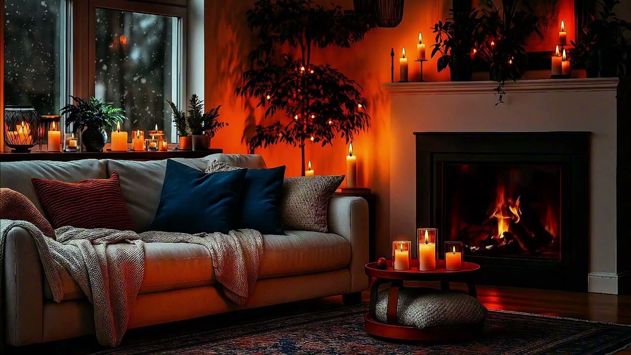 Snowy City Night & Fireplace Glow | Cozy Winter Ambience