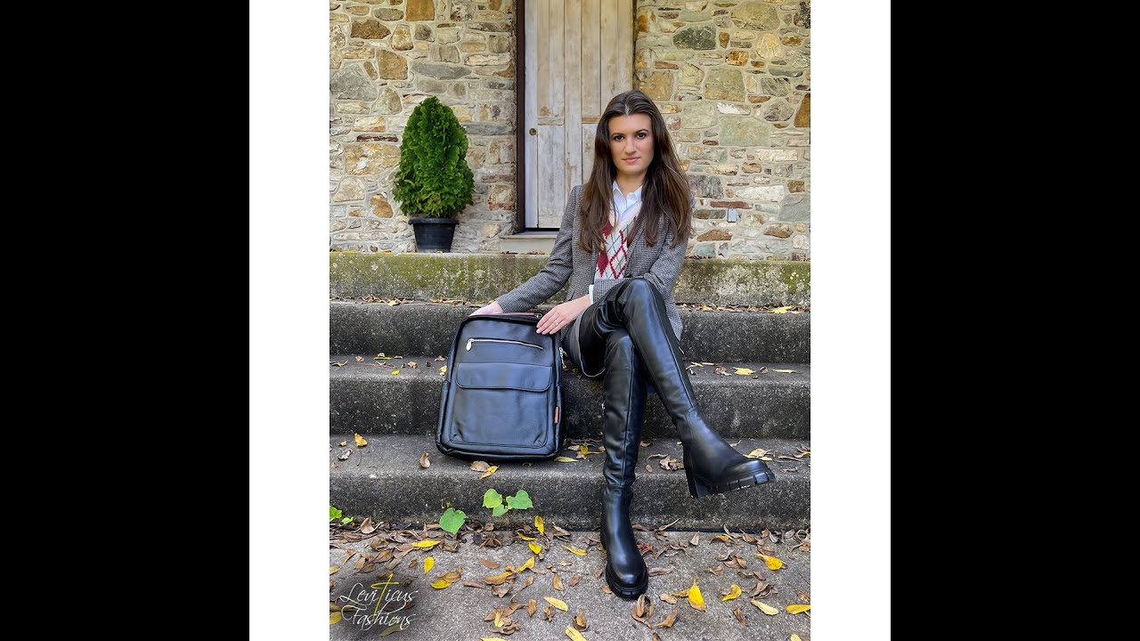 MADISON STYLES FALL FASHION MCKLEIN USA BACKPACK ARGYLE VEST CIDER SHORTS BLACK LEATHER THIGH BOOTS