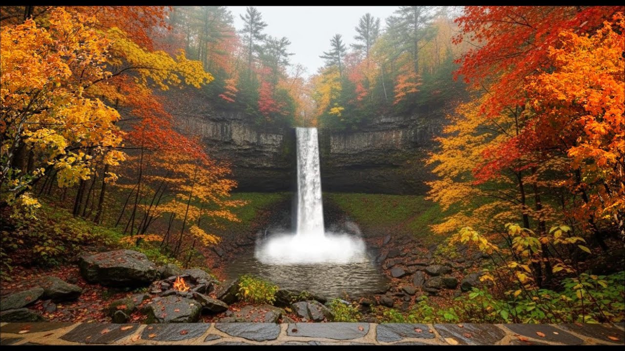 Autumn Waterfall with Bald Eagle flying by, Fall ambience, no mid-roll ads, ASMR, Autumn Relaxation