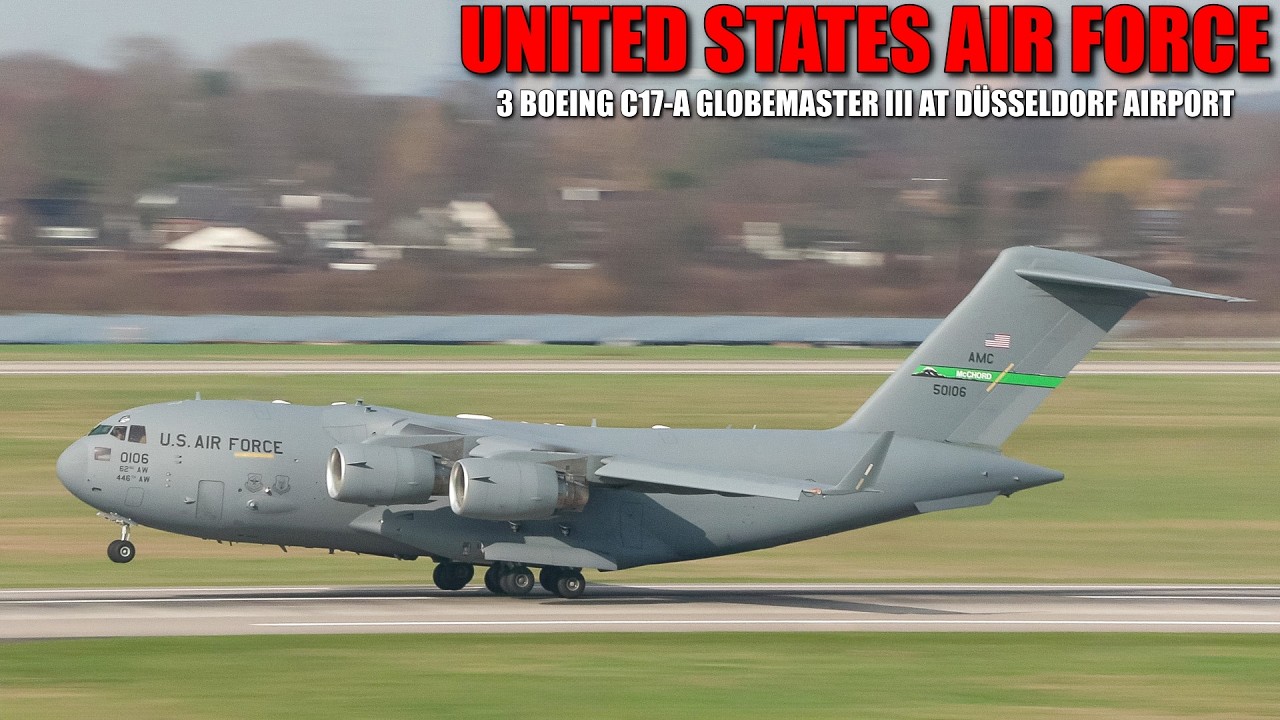 [UNITED STATES AIR FORCE] - 3 diverted Boeing C17-A Globemaster III takeoff at Düsseldorf Airport -