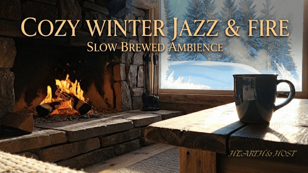 Cozy Winter Ambience ❄️ Smooth Jazz & Crackling Fireplace | Snowy Cabin View