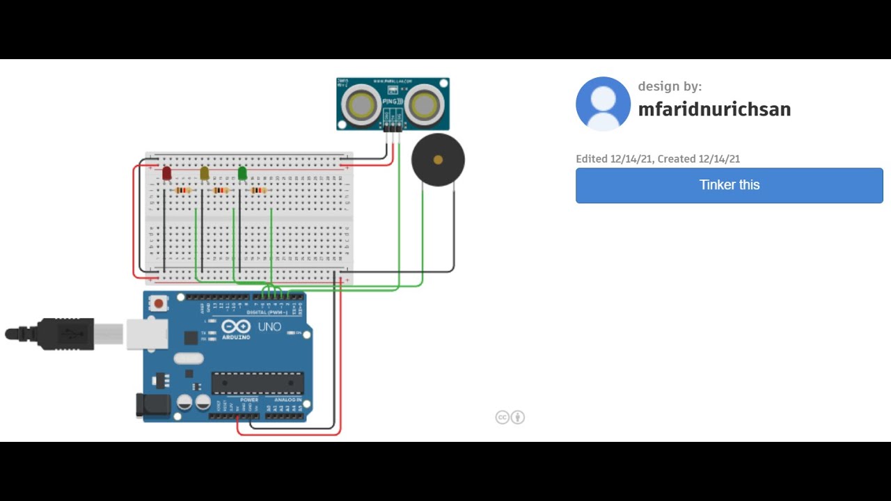 Tinkercad Parking Sensor with LED, Ultrasonic Distance Sensor, and Piezo Buzzer