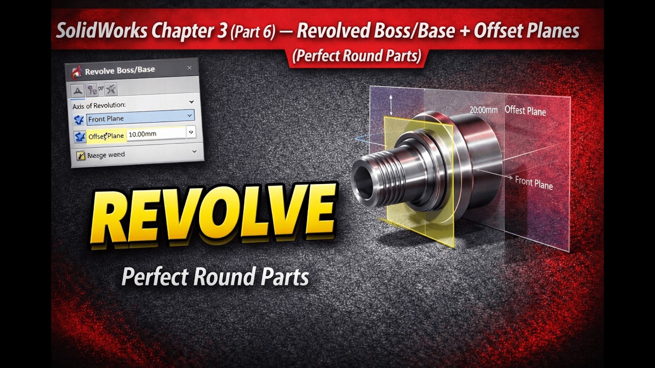 SolidWorks Chapter 3 (Part 6) — Revolved Boss/Base + Offset Planes (Perfect Round Parts)