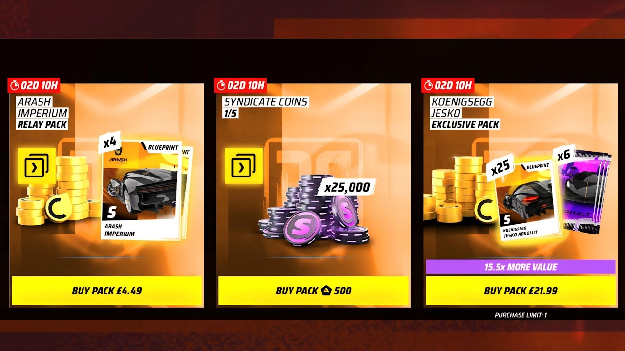 Asphalt Legends - DS12 Syndicate Coin Relay Packs - 250,000 Syndicate Coins = 6,000 Tokens 🥰
