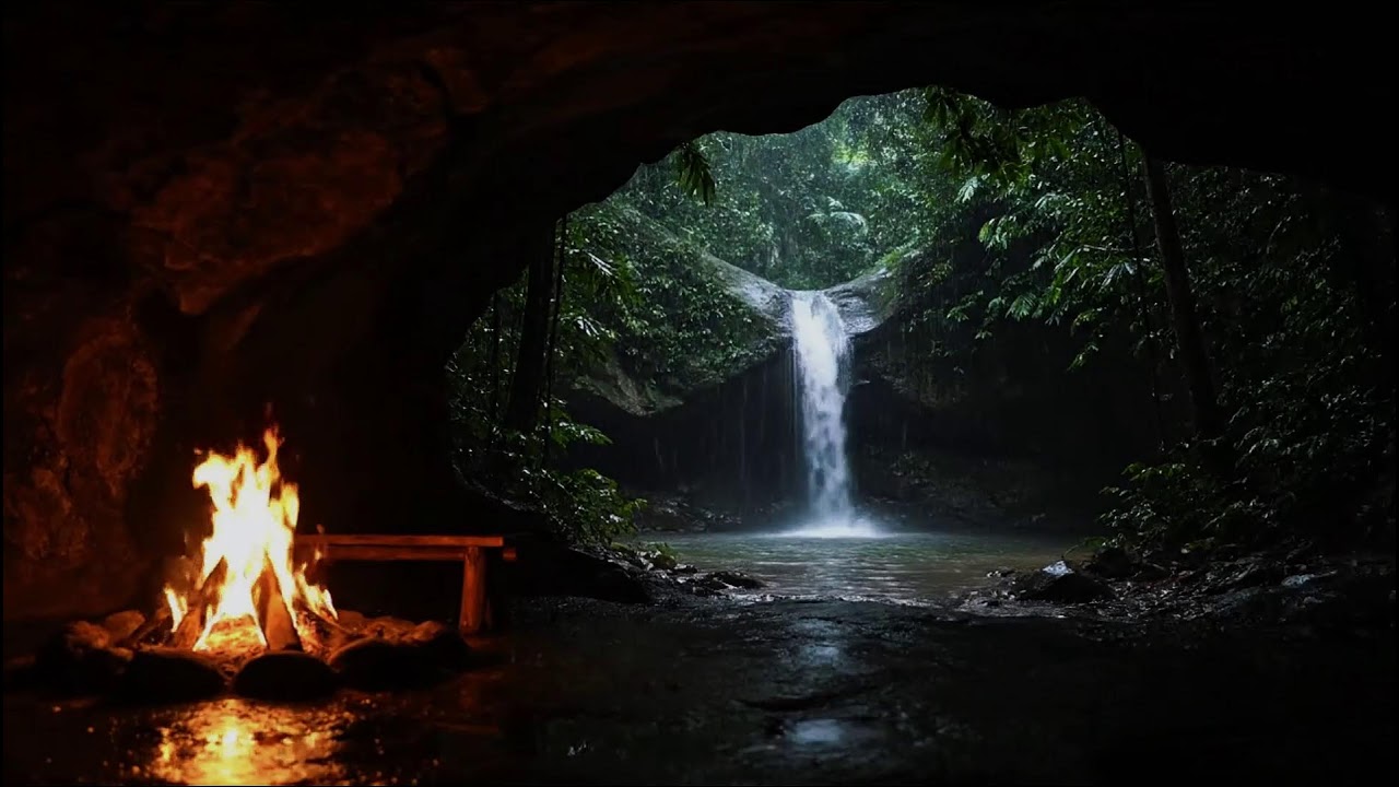 Soft Fireplace &  Flowing Waterfall  Atmosphere with  Soft Birds  | Cozy Hearth ASMR |  Focus & Rela