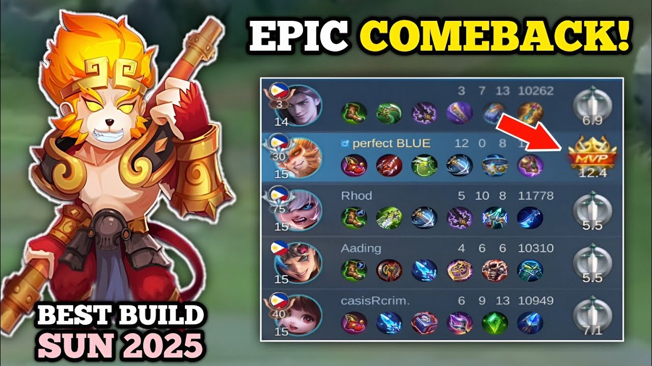 SEMI TANK SUN, EPIC COMEBACK! (12 kills, no deaths!💀) SUN BEST BUILD -MLBB