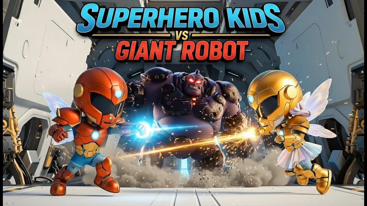 Superhero Kids vs Giant Robot #disney #3dcartoon #robotbattle       #superkids  #kidscartoon