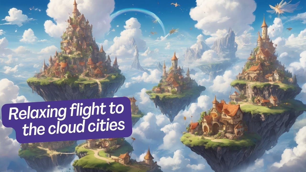 Relaxing flight to the cloud cities with soothing, meditative music | Fairy AI art