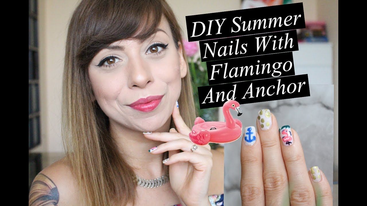 DIY летен маникюр с декорации фламинго и котва