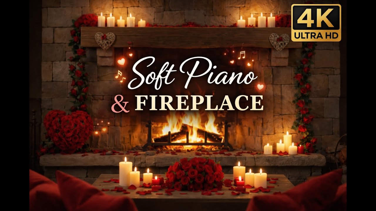 4K Soft Piano Music & Romantic Fireplace  | Cozy Ambience |1 Hour #bgm #4kvideo #fireplace #asmr