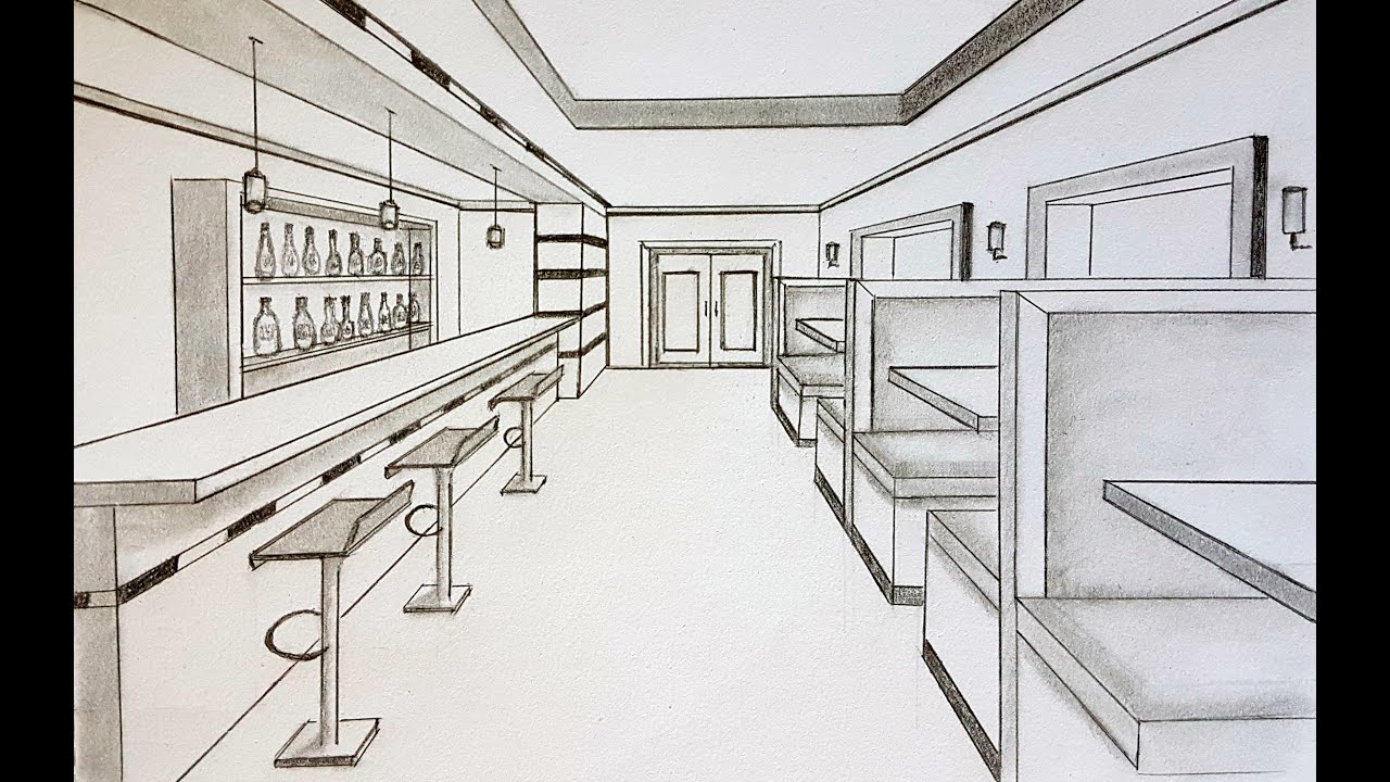 How to draw a restaurant dining room in one point perspective