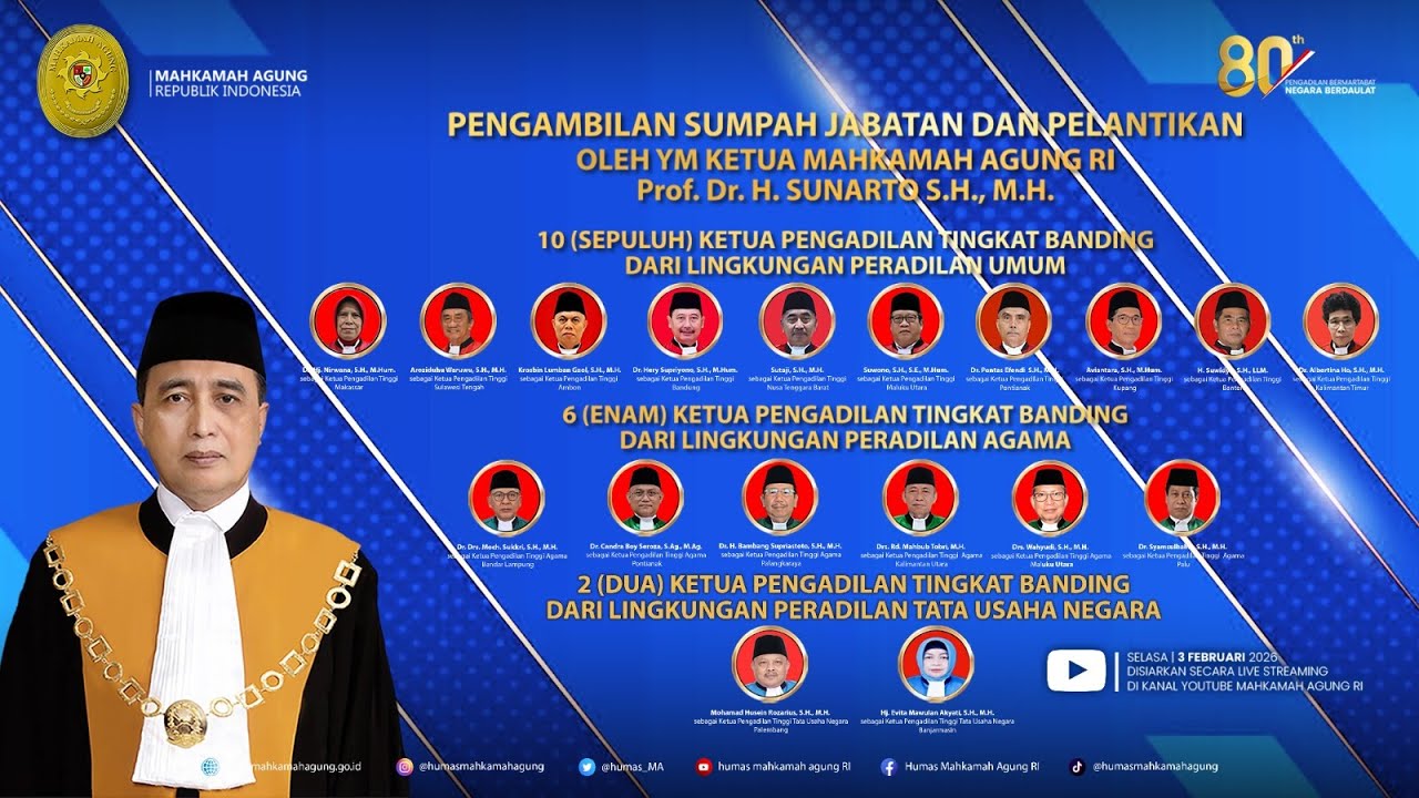 Pengambilan Sumpah Jabatan dan Pelantikan 18 Ketua Pengadilan Tingkat Banding