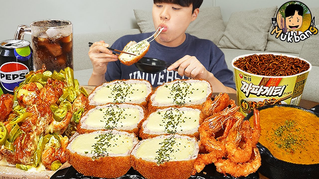 ASMR MUKBANG | Жареный цыпленок, Свиная котлета, лапша с черной фасолью, кимчи Корейская еда